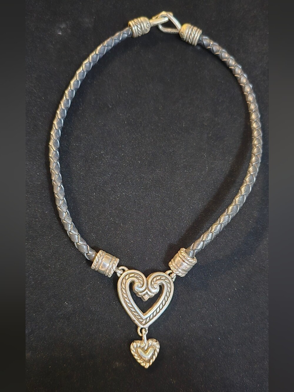 Brighton Silver-Tone Double Heart Pendant Braided Necklace